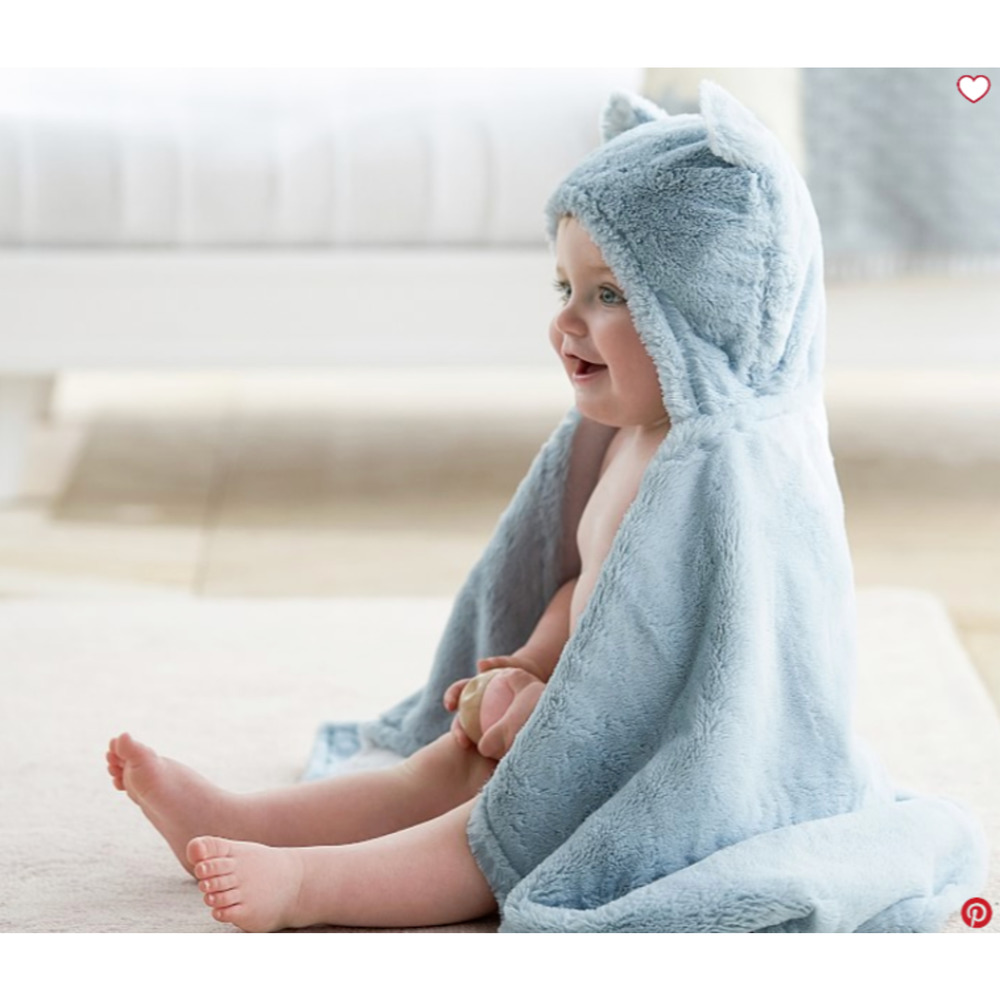 Pottery Barn Faux Fur Bear Animal Hooded Towel Wrap Blue Fleece - Picture 1 of 10